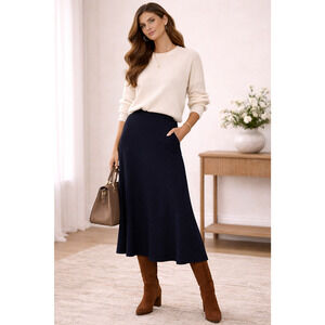 Vintage Rodier Womens Wool Blend Skirt Large Navy Midi Academia Modest Career